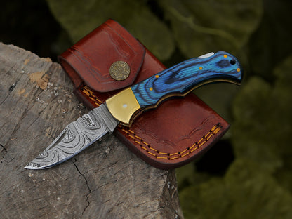 Damascus Folding Pocket Knife for Men deal for Camping, Outdoor, Hiking with Sheath Ideal for EDC (BLUE WOOD)