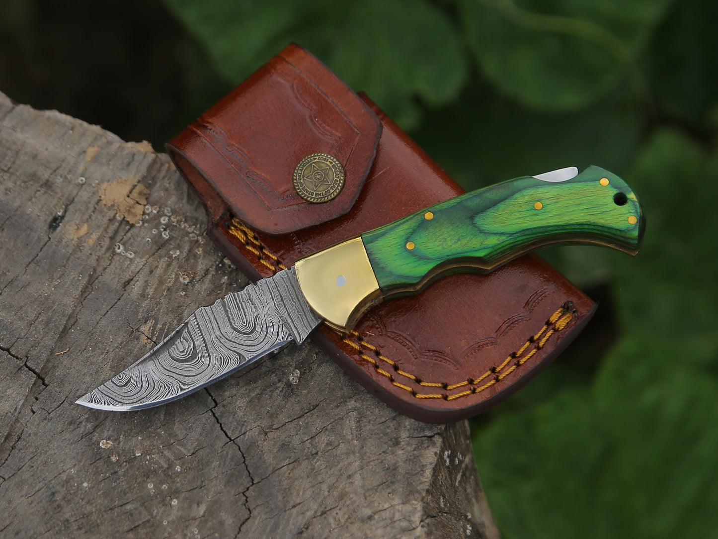 Damascus Folding Pocket Knife for Men deal for Camping, Outdoor, Hiking with Sheath Ideal for EDC (GREEN WOOD)