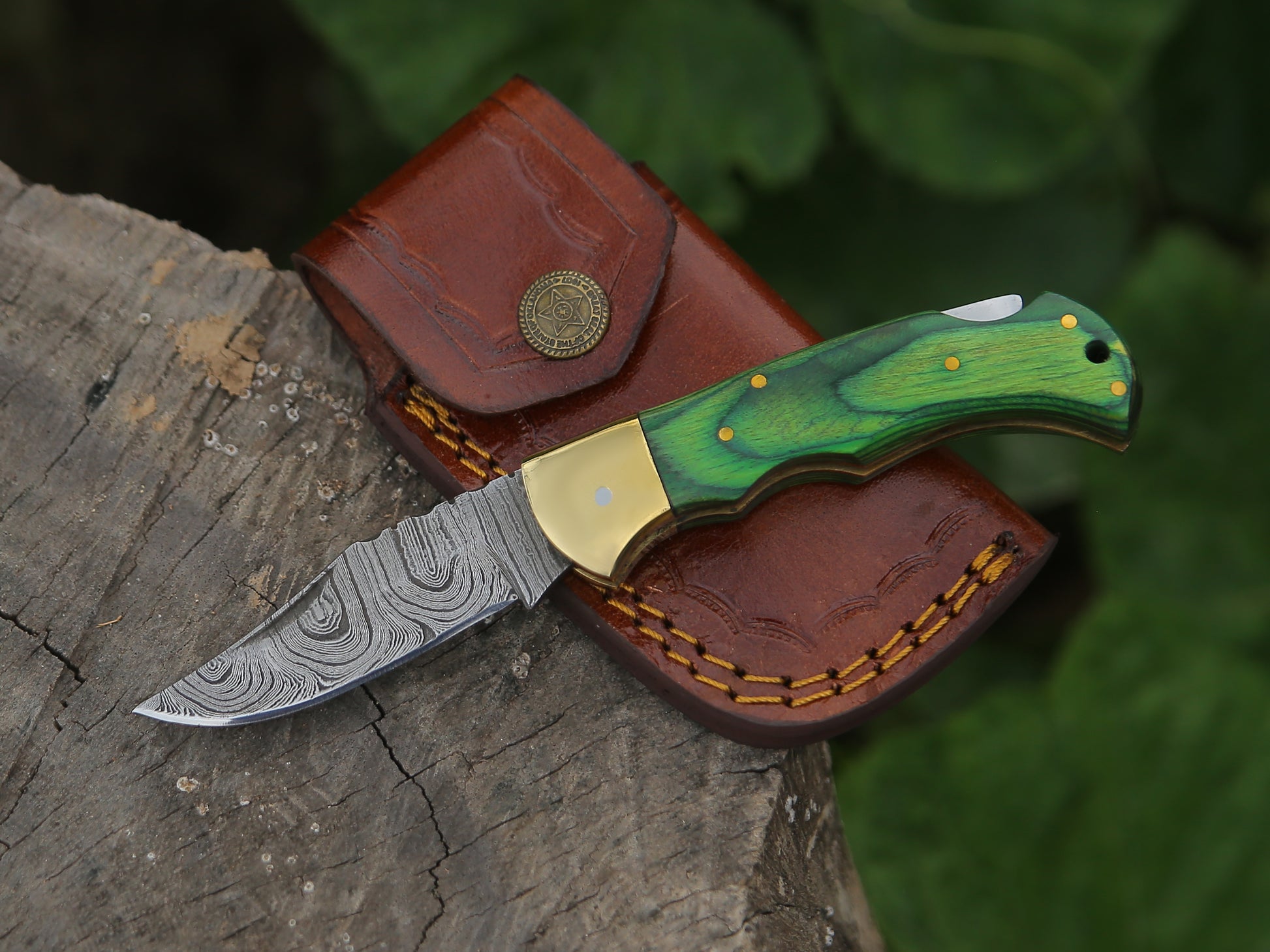 Damascus Folding Pocket Knife for Men deal for Camping, Outdoor, Hiking with Sheath Ideal for EDC (GREEN WOOD)