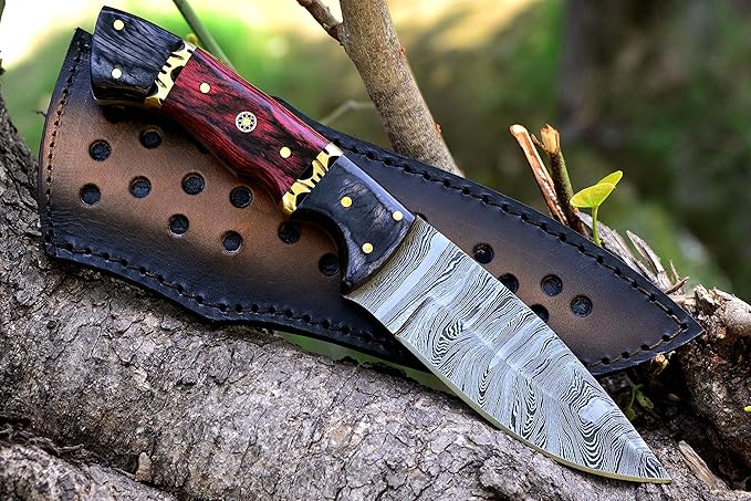 Handmade 9 Inch Fixed Blade Damascus Bushcraft Skinner For Hunting Outdoor Survival Knife With Leat 2