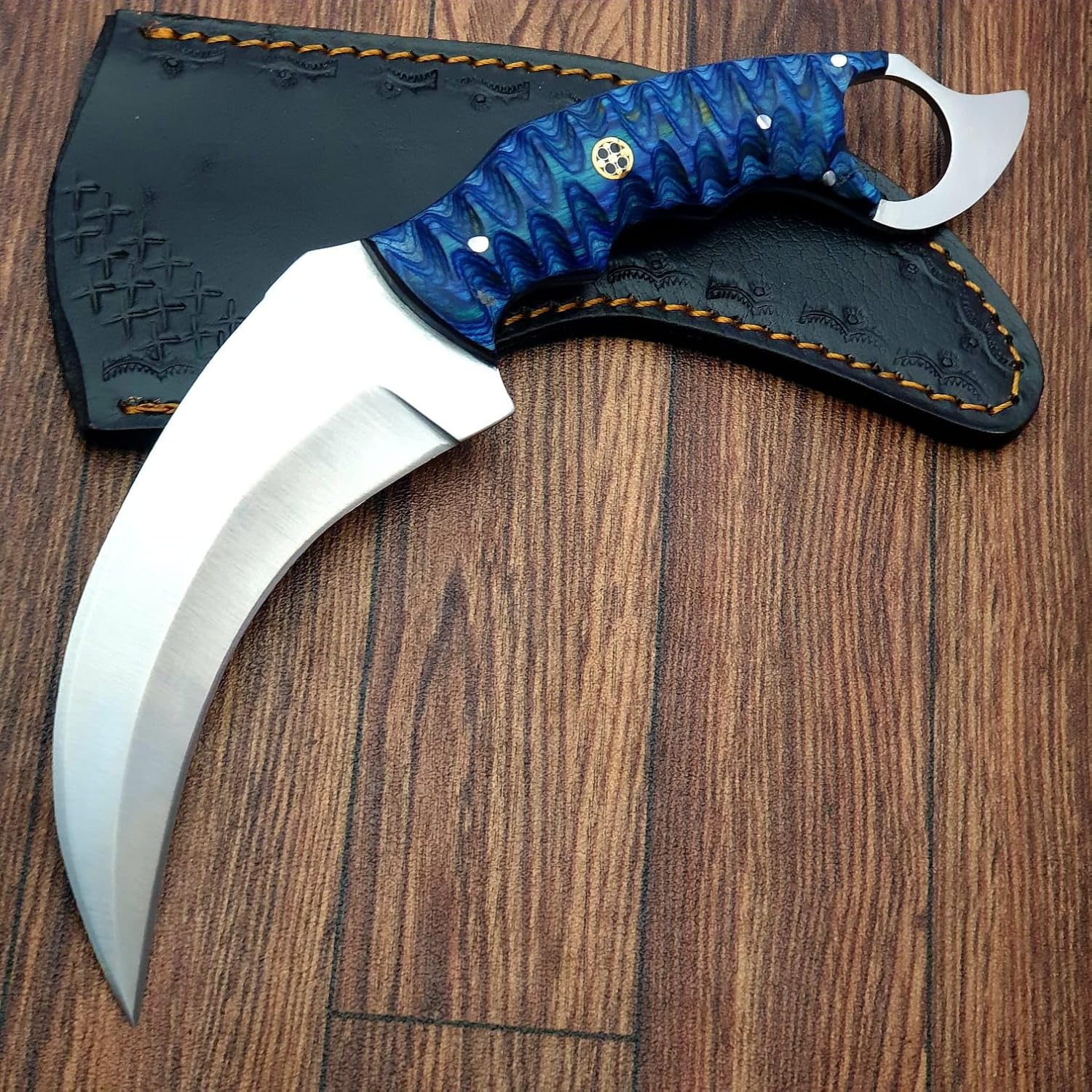 Karambit Knife - Fixed Blade with Sheath - Claw Knife wood Handle Sharp Blade Karambits for Men & Women EDC (BLUE WOOD)