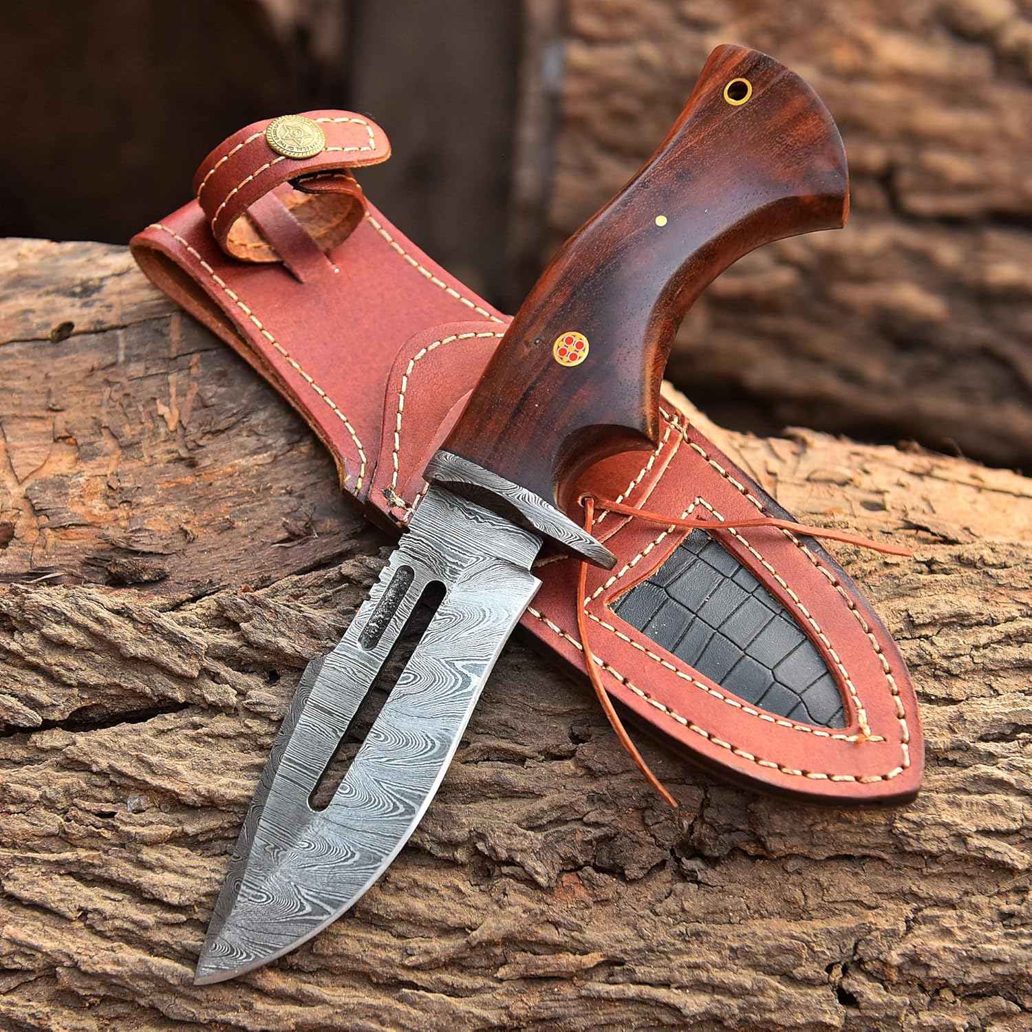 Handmade Damascus Hunting Knife with Leather Sheath - Ideal for Skinning, Camping, Outdoor - Best Gift For Men