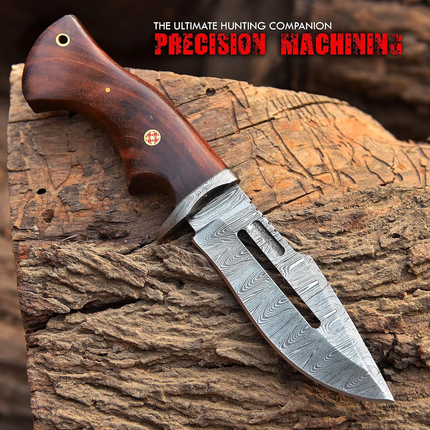Handmade Damascus Hunting Knife With Leather Sheath  Ideal For Skinning Camping Outdoor  Best Gift  1