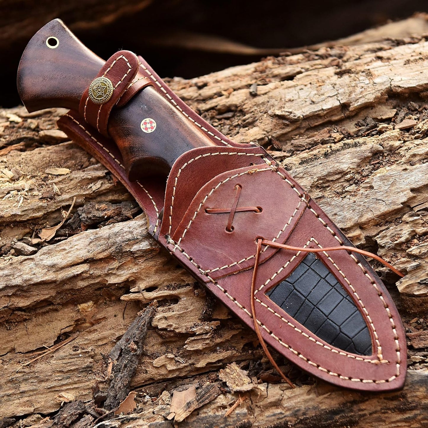 Handmade Damascus Hunting Knife With Leather Sheath  Ideal For Skinning Camping Outdoor  Best Gift  4