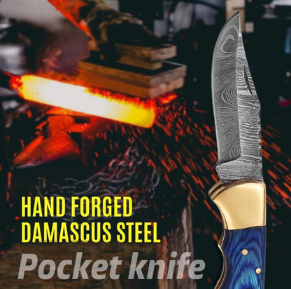 Damascus Pocket Knife With Clip  65 Handmade Folding Knife With Sheath  Pocket Knife Men  Damascus  5