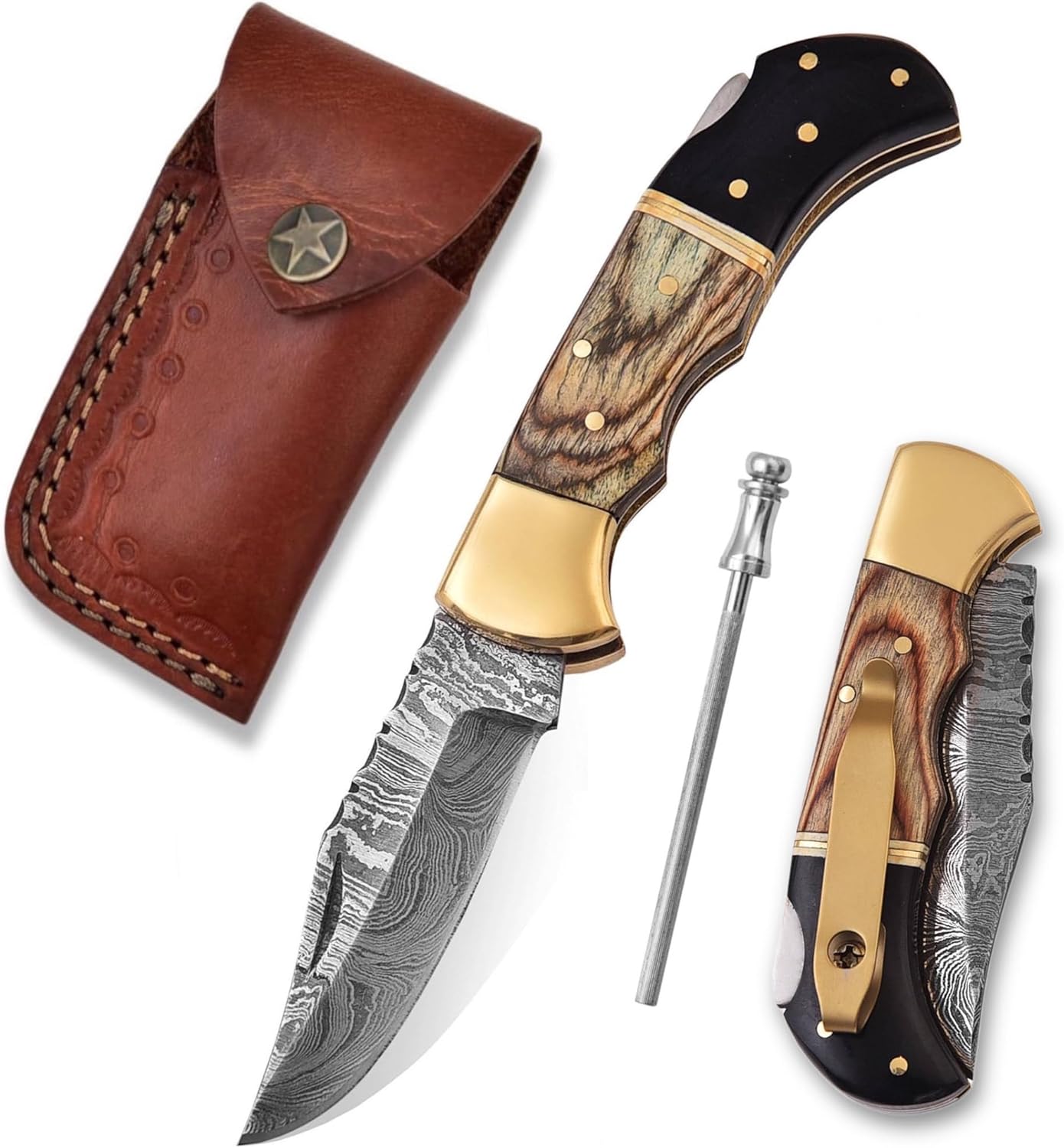 Damascus Pocket Knife with Clip - 6.5" Handmade Folding Knife with Sheath - Pocket knife Best gift for men