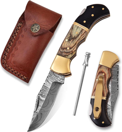 Damascus Pocket Knife with Clip - 6.5" Handmade Folding Knife with Sheath - Pocket knife Best gift for men
