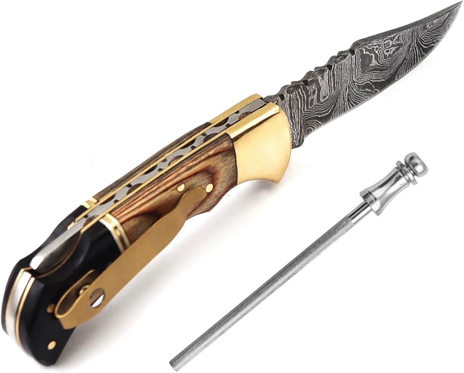 Damascus Pocket Knife With Clip  65 Handmade Folding Knife With Sheath  Pocket Knife Best Gift For  1
