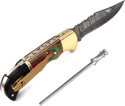 Damascus Pocket Knife With Clip  65 Handmade Folding Knife With Sheath  Pocket Knife Men  Good For  1