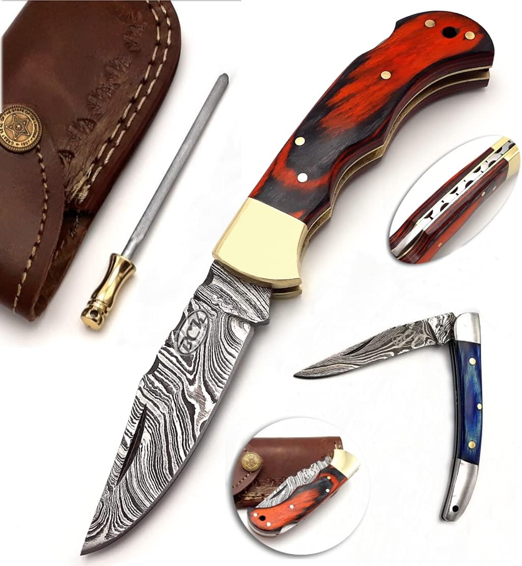 Pocket Knife 4 Pcs Set 6.5" Handmade Damascus Folding Knife Back lock knife Damascus Hunting Knife with Sheath For Men