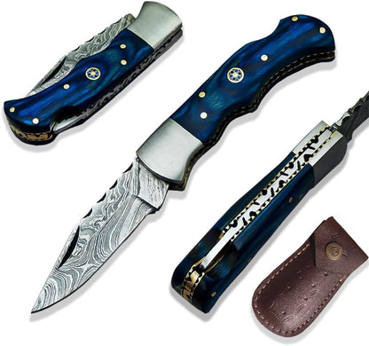 Hand Forged Damascus Foldable Pocket Knife with Leather Sheath, Handmade Damascus Back Lock Folding Knife