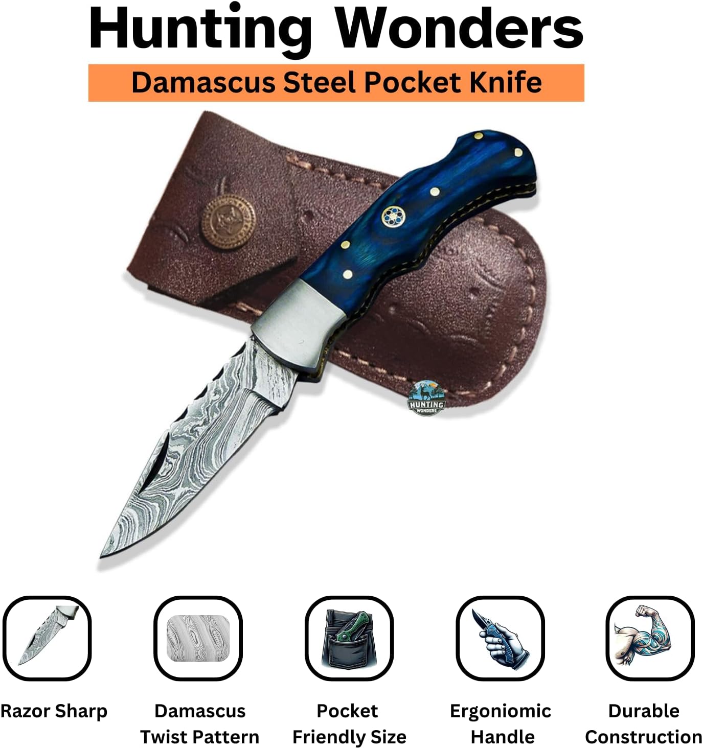 Hand Forged Damascus Foldable Pocket Knife With Leather Sheath Handmade Damascus Back Lock Folding  1