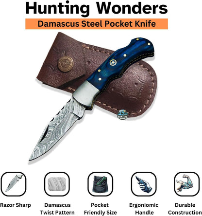 Hand Forged Damascus Foldable Pocket Knife With Leather Sheath Handmade Damascus Back Lock Folding  1