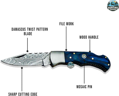 Hand Forged Damascus Foldable Pocket Knife With Leather Sheath Handmade Damascus Back Lock Folding  3