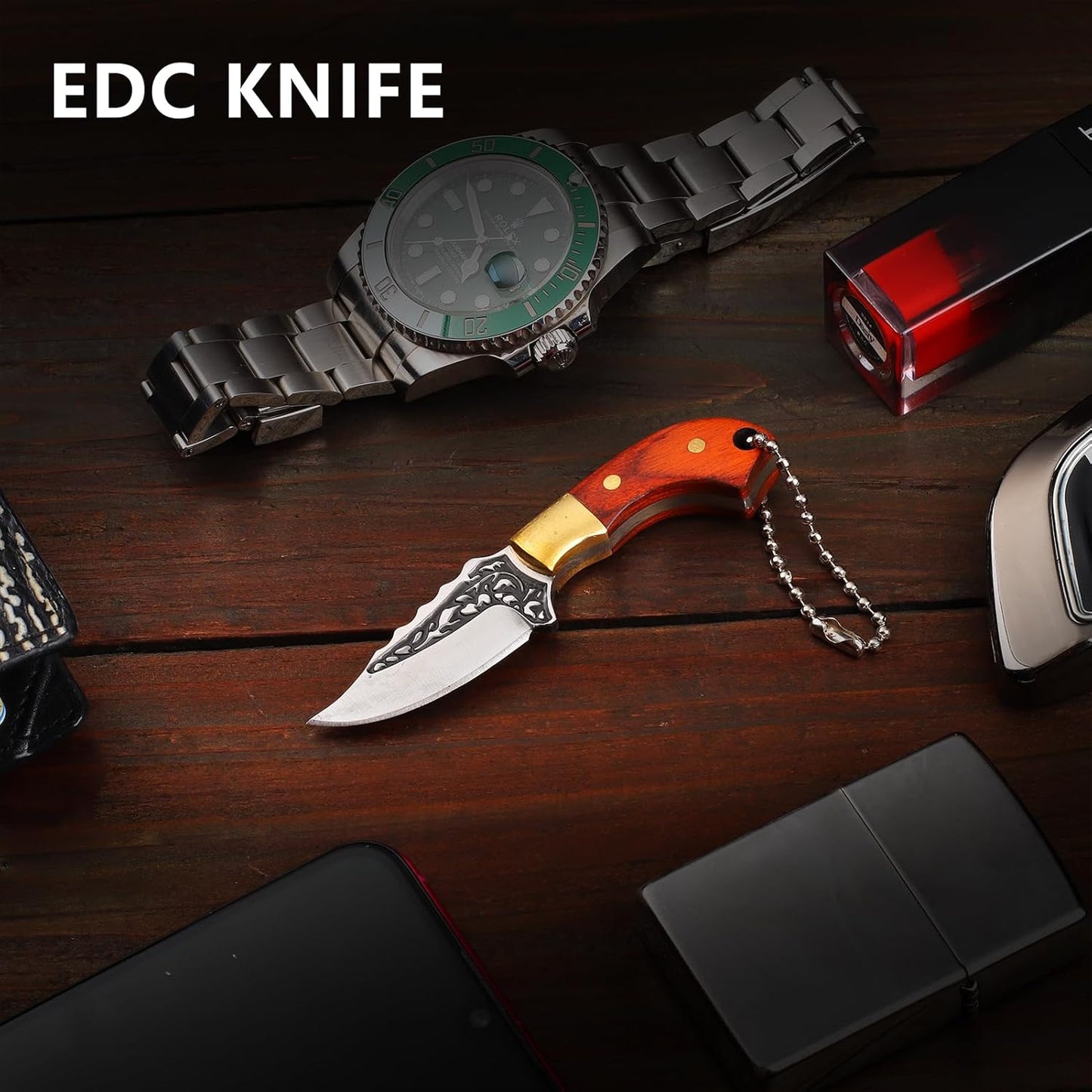 Mini Keychain Knife 335 Inch Stainless Steel Fixed Blade Hunting Knife With Leather Sheath Wood Han 2