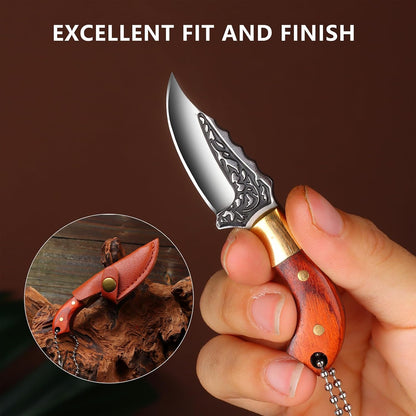 Mini Keychain Knife 335 Inch Stainless Steel Fixed Blade Hunting Knife With Leather Sheath Wood Han 4