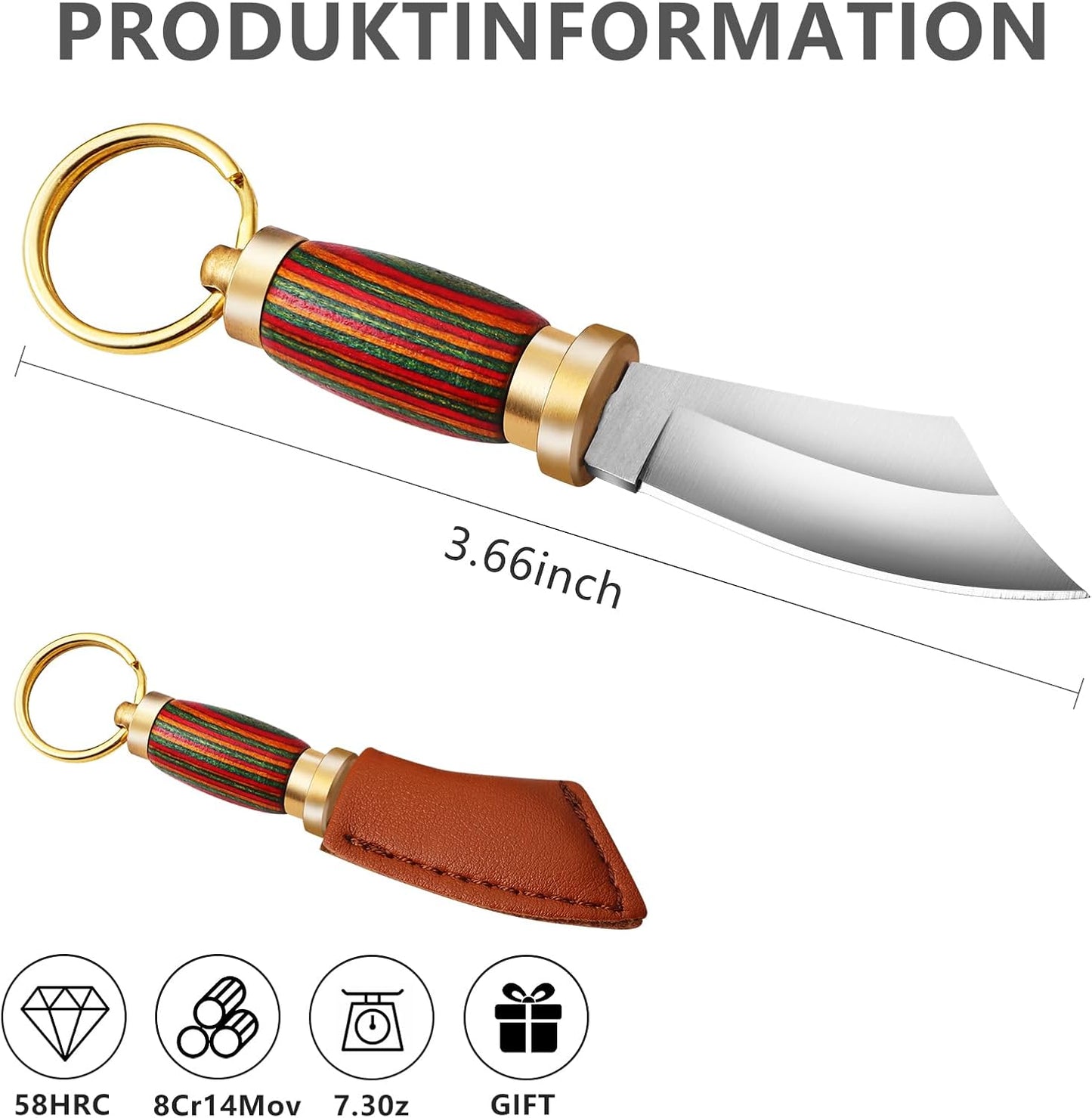 Mini Keychain Knife 335 Inch Stainless Steel Fixed Blade Knife With Leather Sheath Wood Handle EDC  1