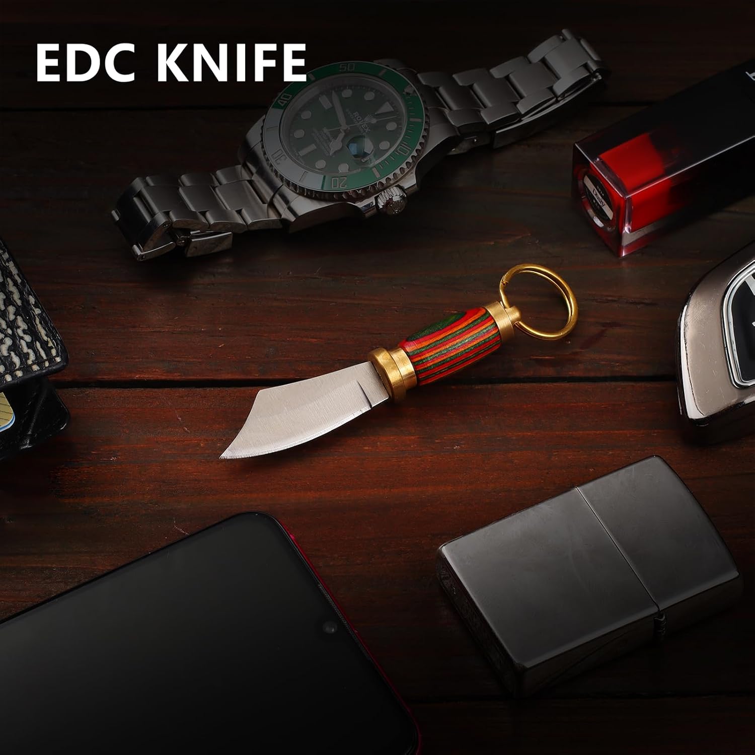 Mini Keychain Knife 335 Inch Stainless Steel Fixed Blade Knife With Leather Sheath Wood Handle EDC  2