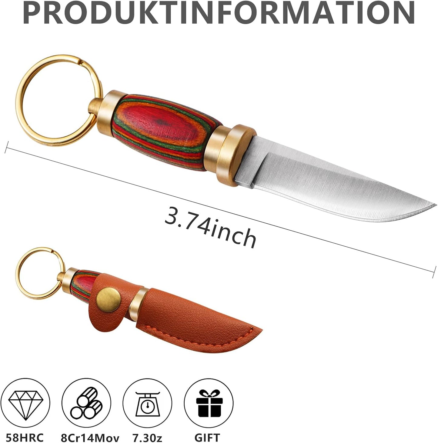 Mini Keychain Knife 335 Inch Stainless Steel Fixed Blade Knife With Leather Sheath Wood Handle EDC  1