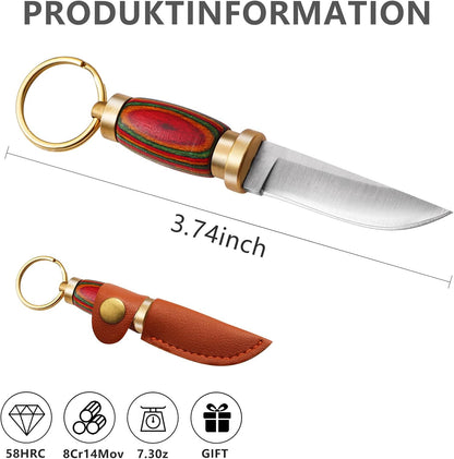 Mini Keychain Knife 335 Inch Stainless Steel Fixed Blade Knife With Leather Sheath Wood Handle EDC  1