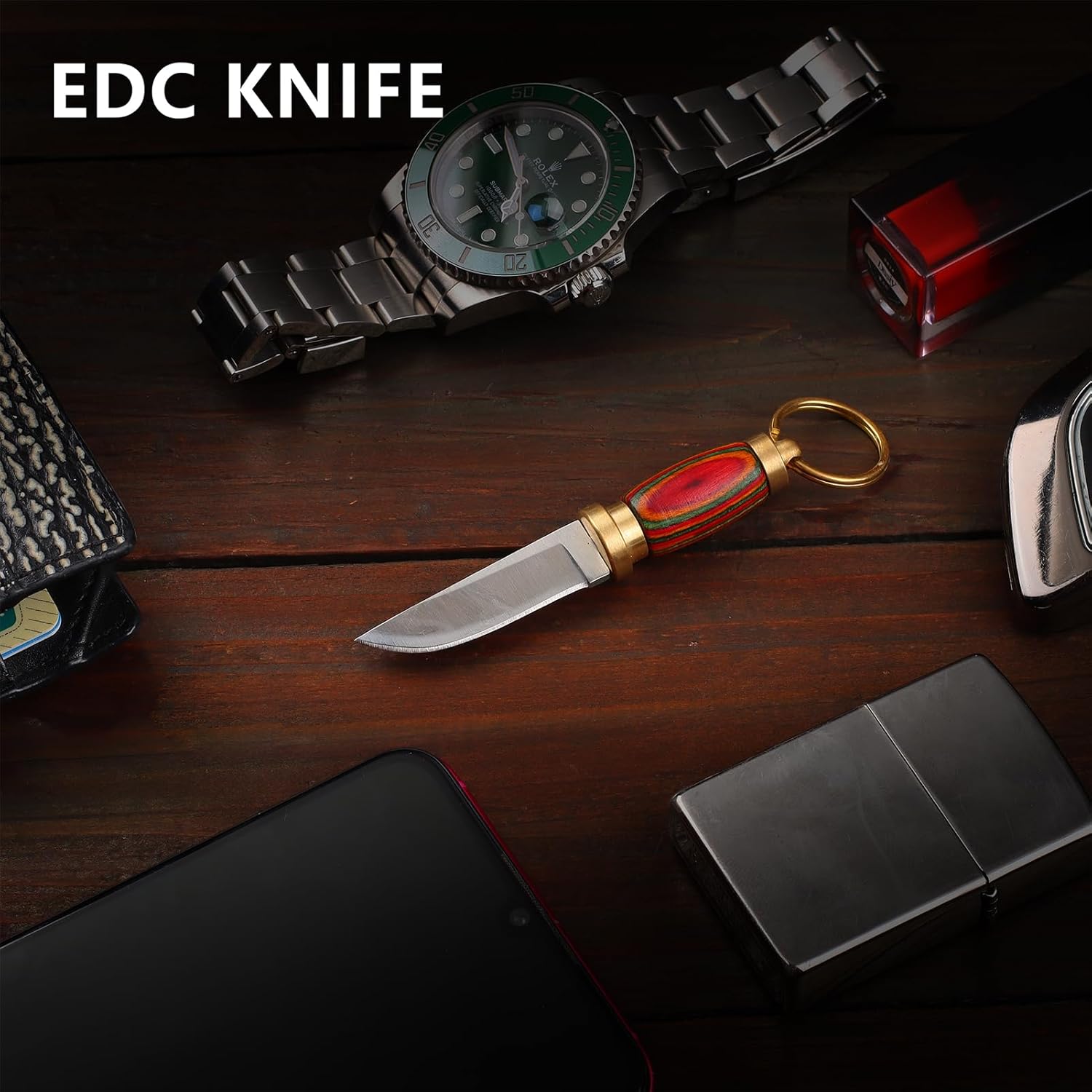 Mini Keychain Knife 335 Inch Stainless Steel Fixed Blade Knife With Leather Sheath Wood Handle EDC  2