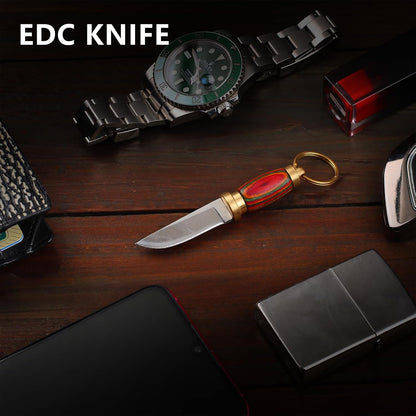 Mini Keychain Knife 335 Inch Stainless Steel Fixed Blade Knife With Leather Sheath Wood Handle EDC  2