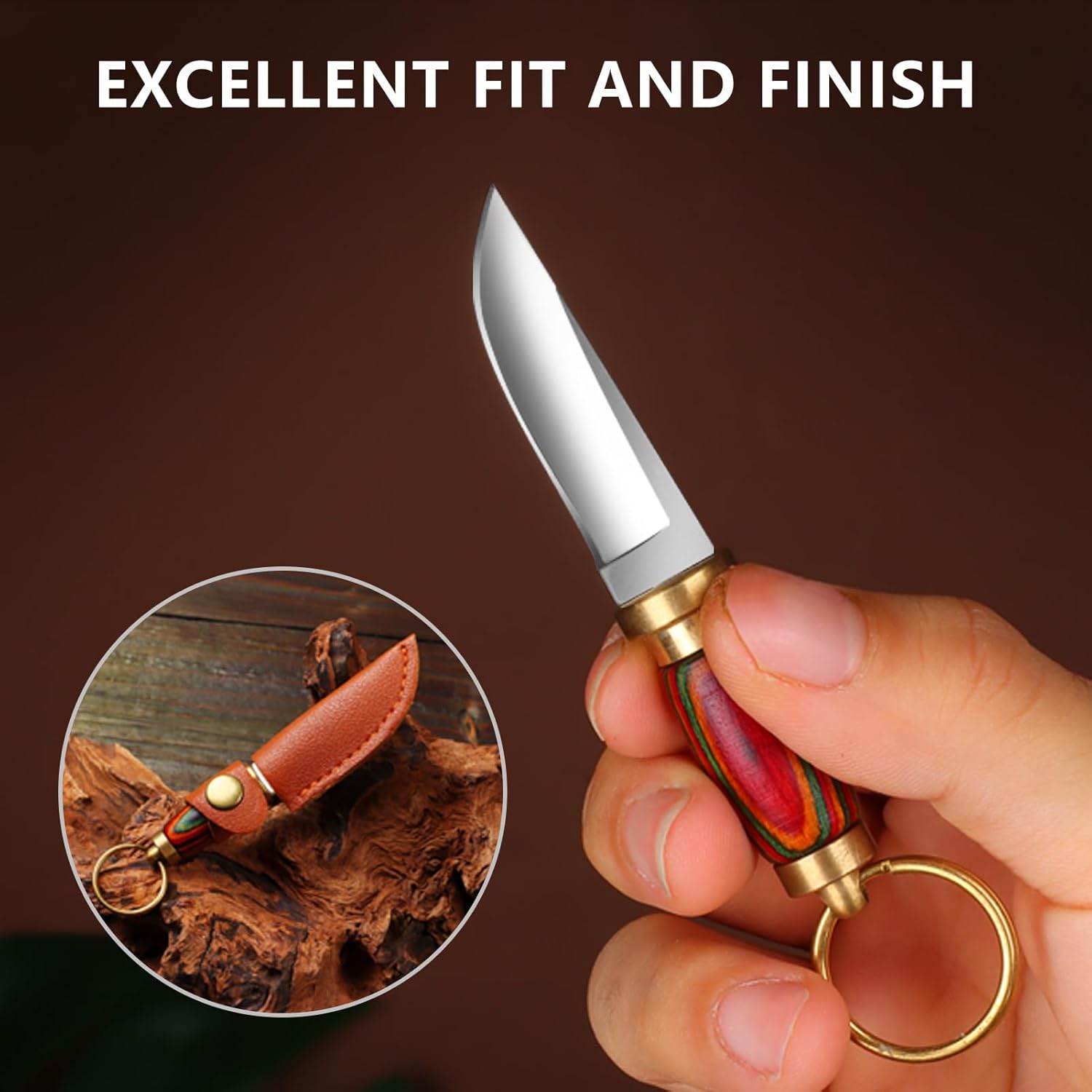 Mini Keychain Knife 335 Inch Stainless Steel Fixed Blade Knife With Leather Sheath Wood Handle EDC  3