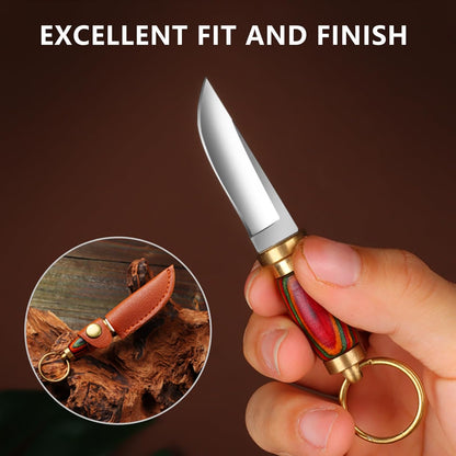 Mini Keychain Knife 335 Inch Stainless Steel Fixed Blade Knife With Leather Sheath Wood Handle EDC  3