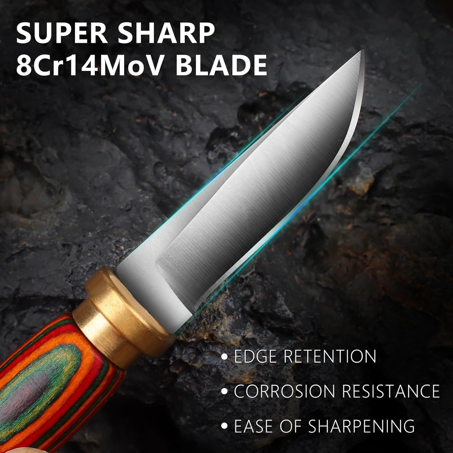 Mini Keychain Knife 335 Inch Stainless Steel Fixed Blade Knife With Leather Sheath Wood Handle EDC  4