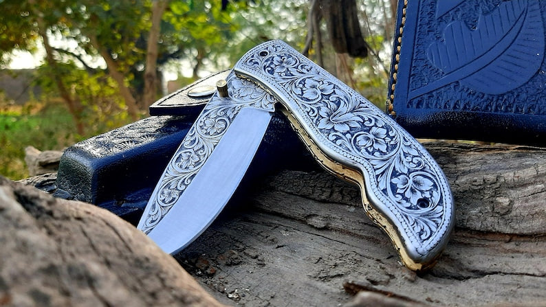 Engraved Fold Knife  Prestigious Handmade Engraved Fold Pocket Knife  D2 Steel Engraved Blade Foldi 1