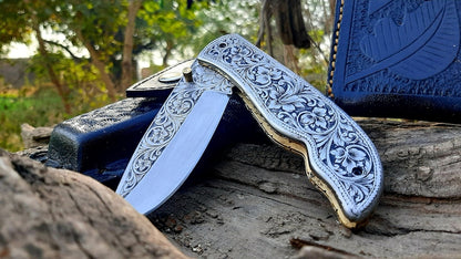 Engraved Fold Knife  Prestigious Handmade Engraved Fold Pocket Knife  D2 Steel Engraved Blade Foldi 1