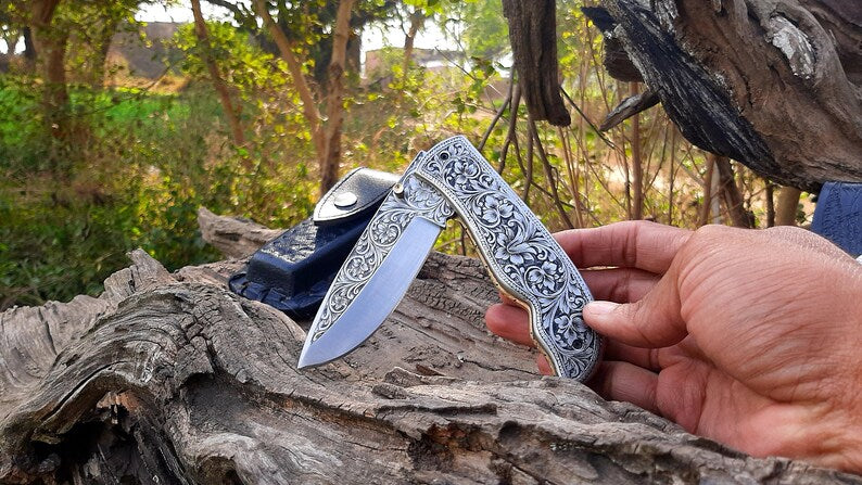 Engraved Fold knife - Prestigious Handmade Engraved Fold Pocket Knife - D2 Steel Engraved Blade Folding Knife Gifts