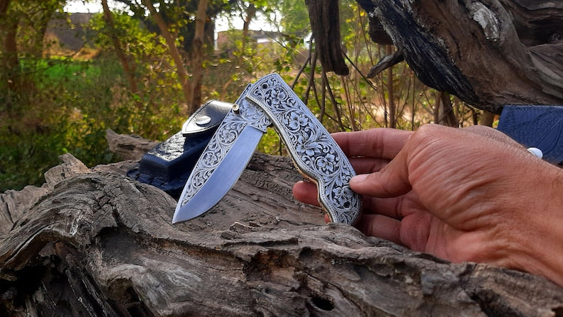 Engraved Fold Knife  Prestigious Handmade Engraved Fold Pocket Knife  D2 Steel Engraved Blade Foldi 7