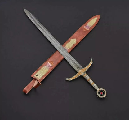 CUSTOM HANDMADE FORGED DAMASCUS STEEL HUNTING VIKING REAL LONG SWORD WITH SHEATH