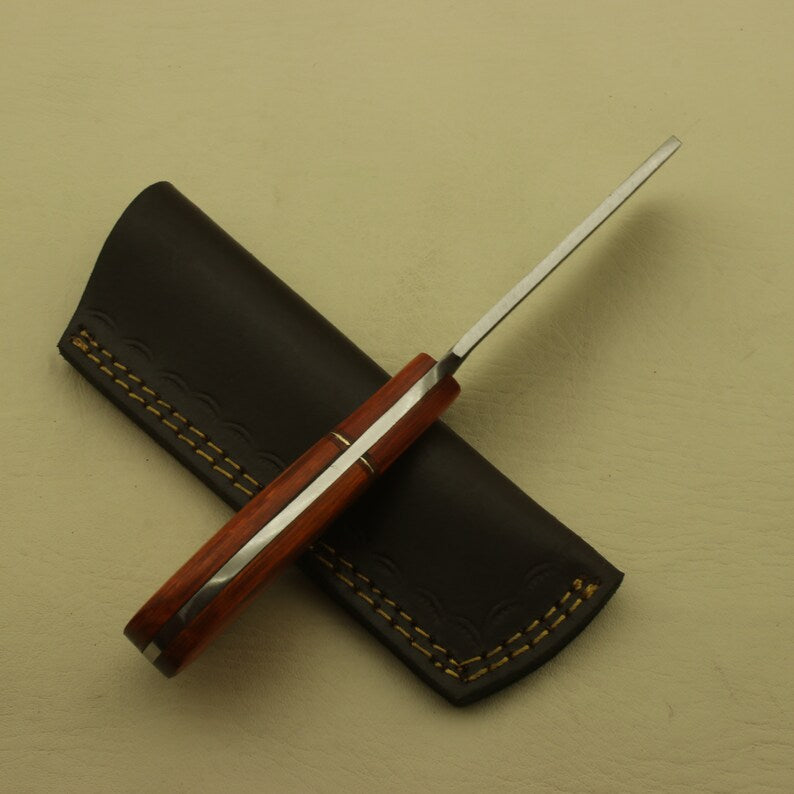 Custom Handmade Carbon Steel Full Tang Rose Wood Bull Cutter Knife With Leather Sheath Personalized 4