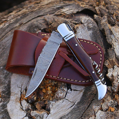 Damascus Pocket Folding Knife With Sheath Laguiole Lightweight MultiTool For Camping Outdoor Huntin 2