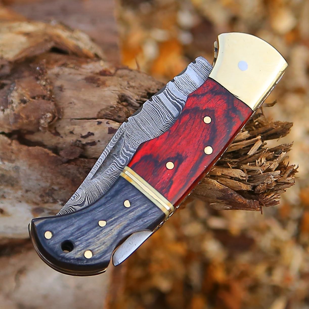 65 Inch Damascus Pocket Knife With Sheath Handmade Folding Pocket Knife For Men BlackRed Wooden Han
