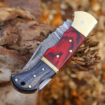 65 Inch Damascus Pocket Knife With Sheath Handmade Folding Pocket Knife For Men BlackRed Wooden Han