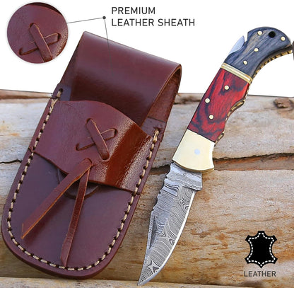 65 Inch Damascus Pocket Knife With Sheath Handmade Folding Pocket Knife For Men BlackRed Wooden Han