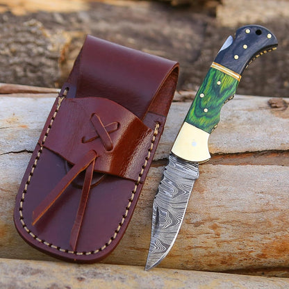 65 Inch Damascus Pocket Knife With Sheath Handmade Folding Pocket Knife For Men BlackRed Wooden Han