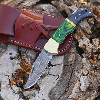 6.5 inch Damascus Pocket Knife with Sheath, Handmade Folding Pocket Knife for Men, Black-Red Wooden Handle Survival, EDC