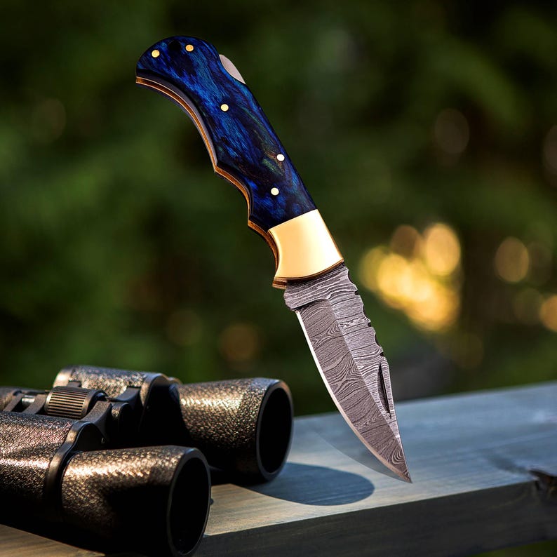 Handmade Damascus Pocket Knife Pakka Blue Handle Leather Sheath Birthday Gift Folding Knife Wedding 1
