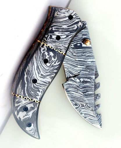 Damascus Leaf Pocket Knife Everyday Carry Folding Knife Hand Forged Damascus Hunting Knife Best Gif 3