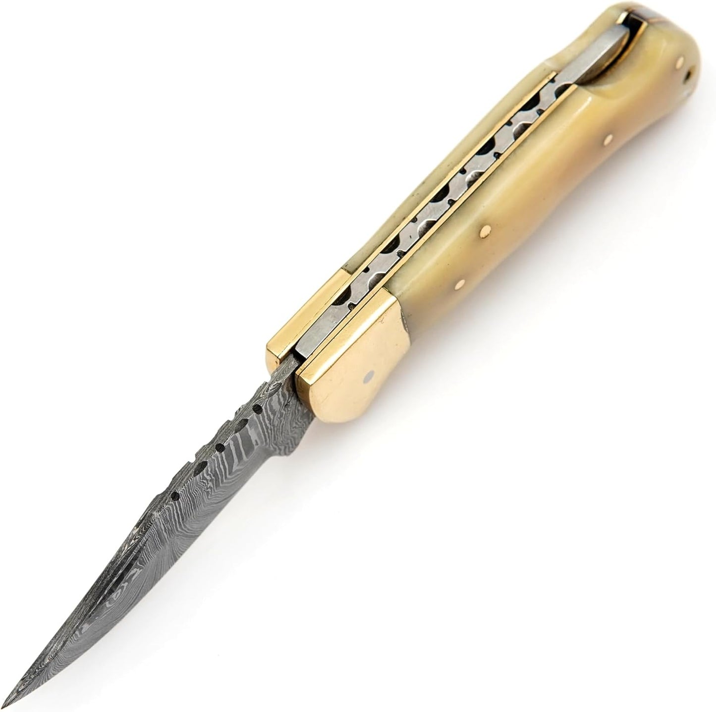 Damascus Folding Knife  Pocket Knife  Camping Hunting Survival  Unique Gift  Ivory With Brass Bolst 1