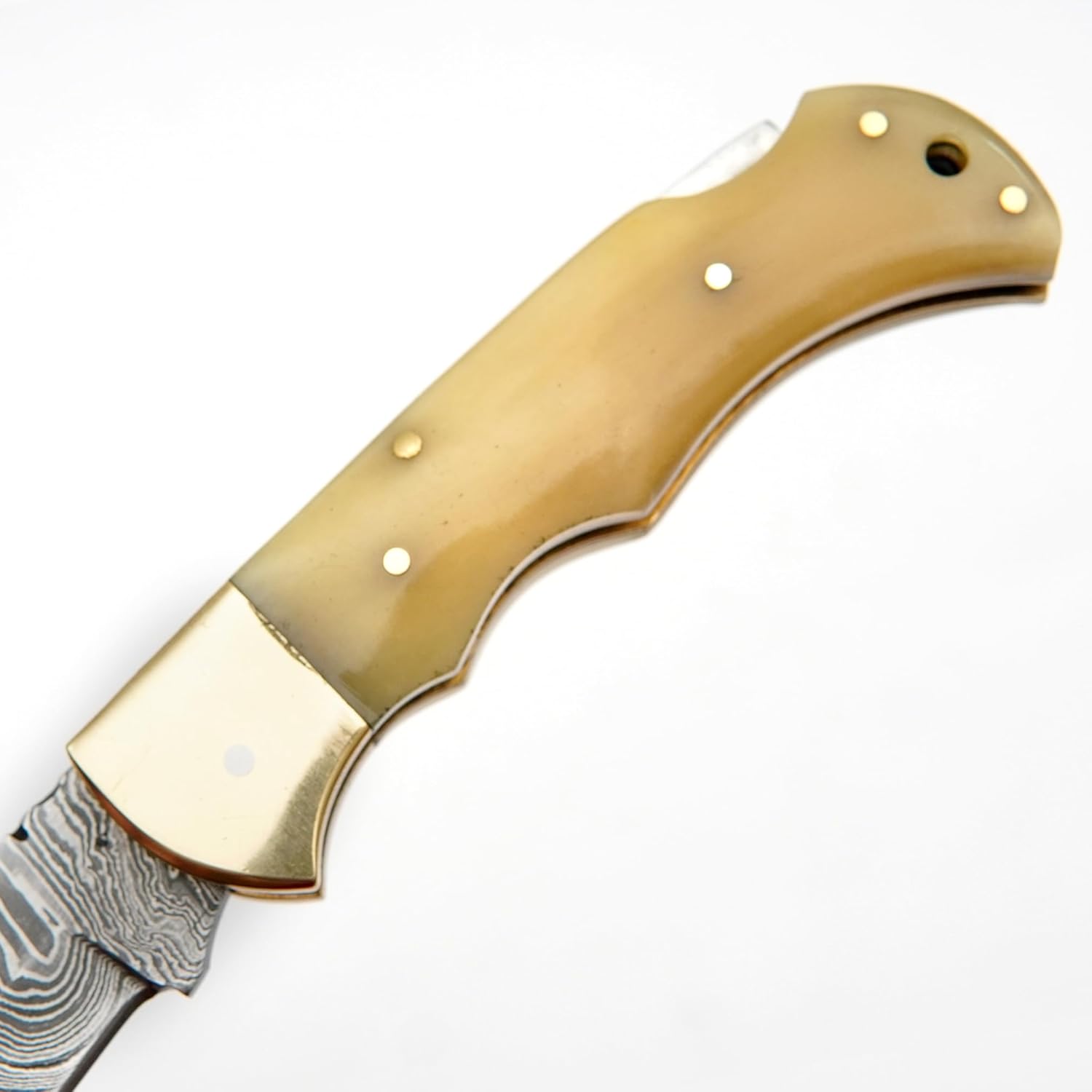 Damascus Folding Knife  Pocket Knife  Camping Hunting Survival  Unique Gift  Ivory With Brass Bolst 2