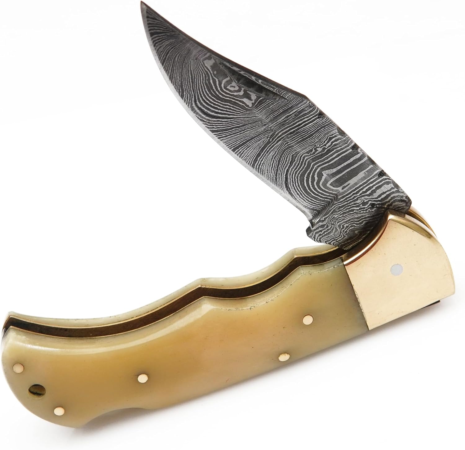Damascus Folding Knife  Pocket Knife  Camping Hunting Survival  Unique Gift  Ivory With Brass Bolst 3
