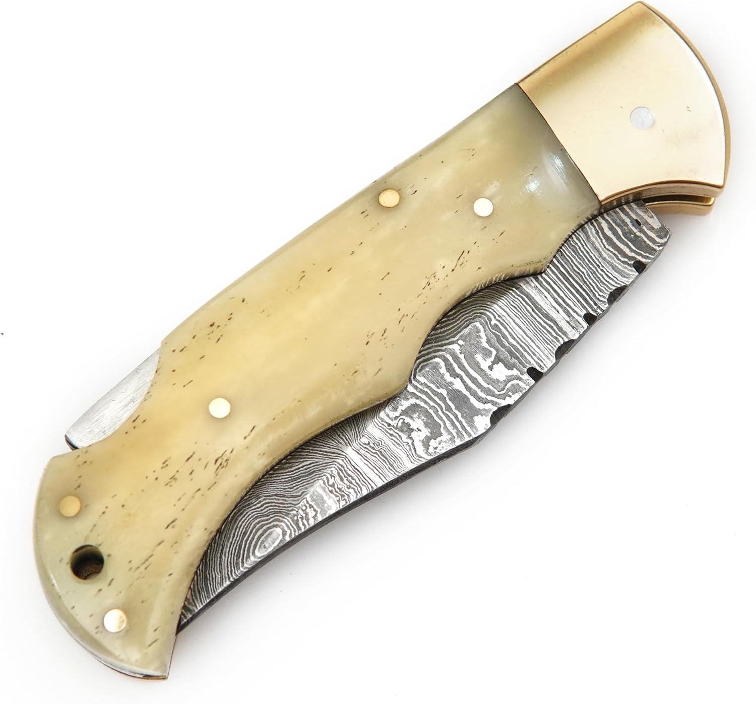 Damascus Folding Knife  Pocket Knife  Camping Hunting Survival  Unique Gift  Ivory With Brass Bolst 4