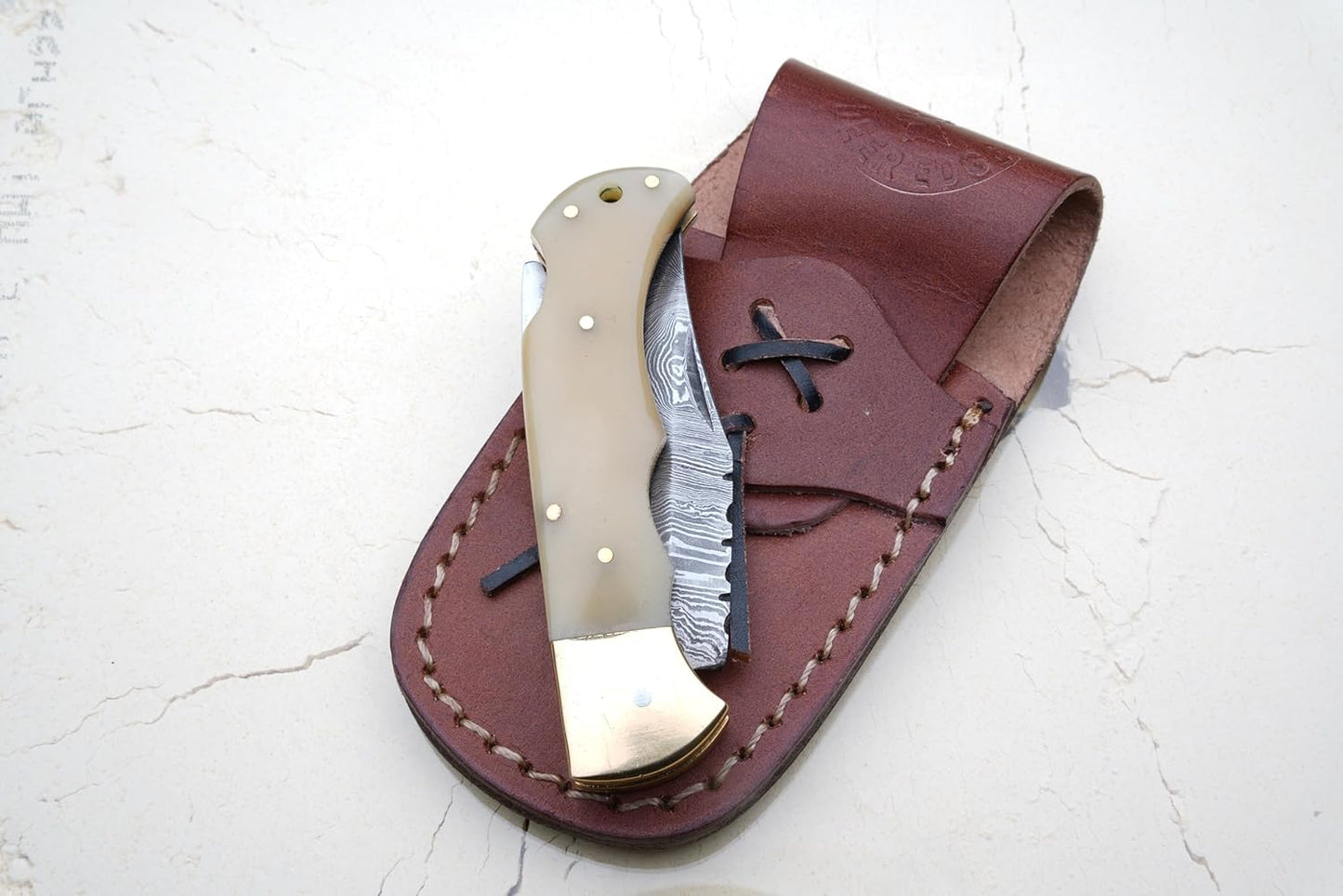 Damascus Folding Knife  Pocket Knife  Camping Hunting Survival  Unique Gift  Ivory With Brass Bolst 5