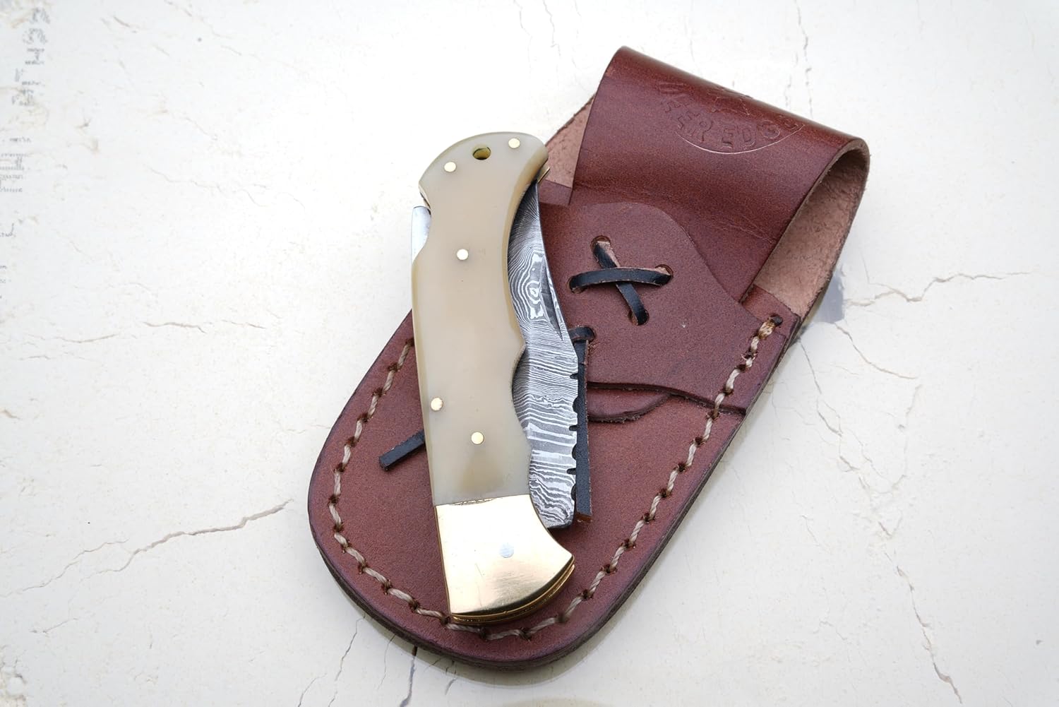 Damascus Folding Knife  Pocket Knife  Camping Hunting Survival  Unique Gift  Ivory With Brass Bolst 5