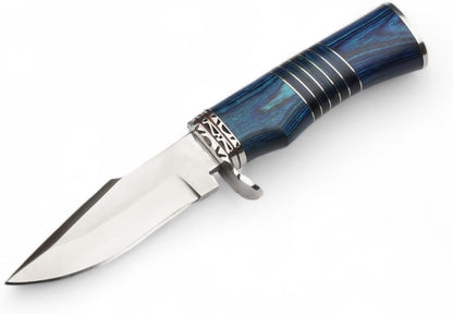 Hunting Knife For Men  Genuine Leather Sheath  Blue Micarta Handle Long Bowie Knives For Survival   1